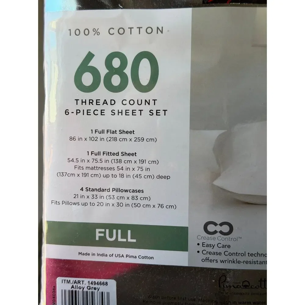 Kirkland Signature 680 Thread Count 6-Piece Pima Cotton Full Sheet Set Gray NIP
